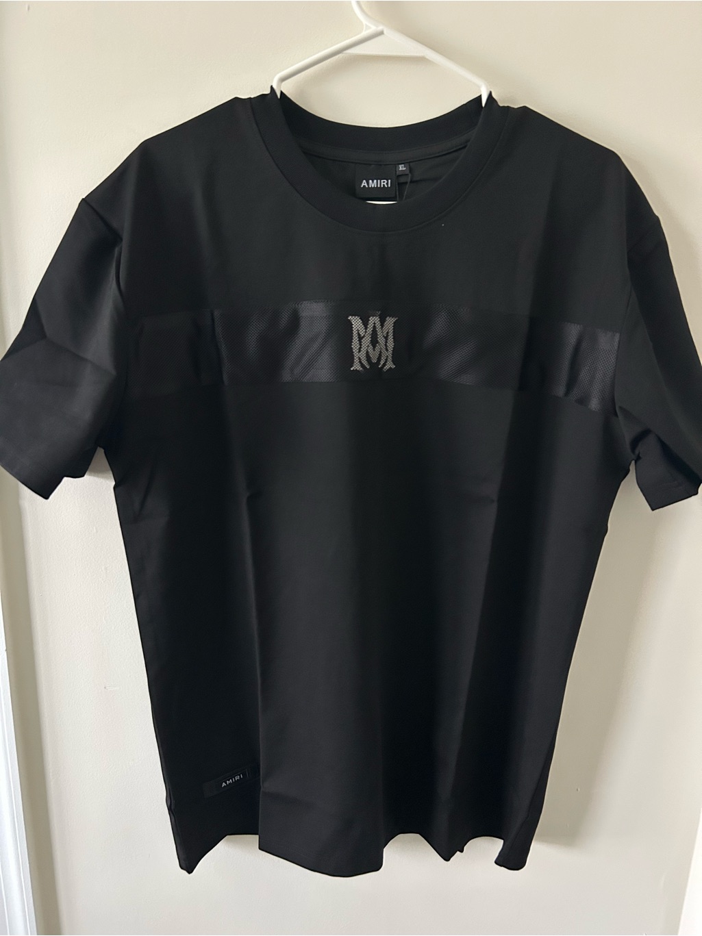 Amiri Black Mesh-Stripe Crewneck T-Shirt With Monogram